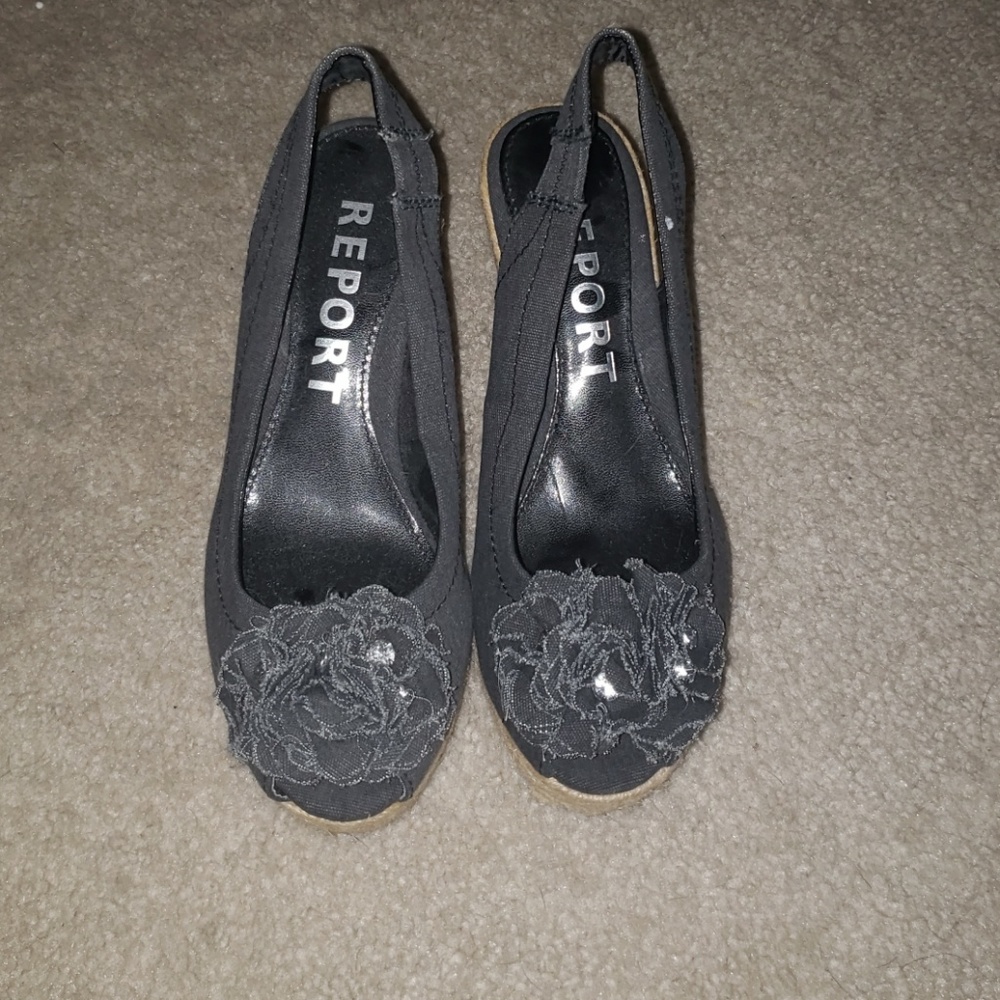 New, never worn. Gray Canvas peep-toe wedges